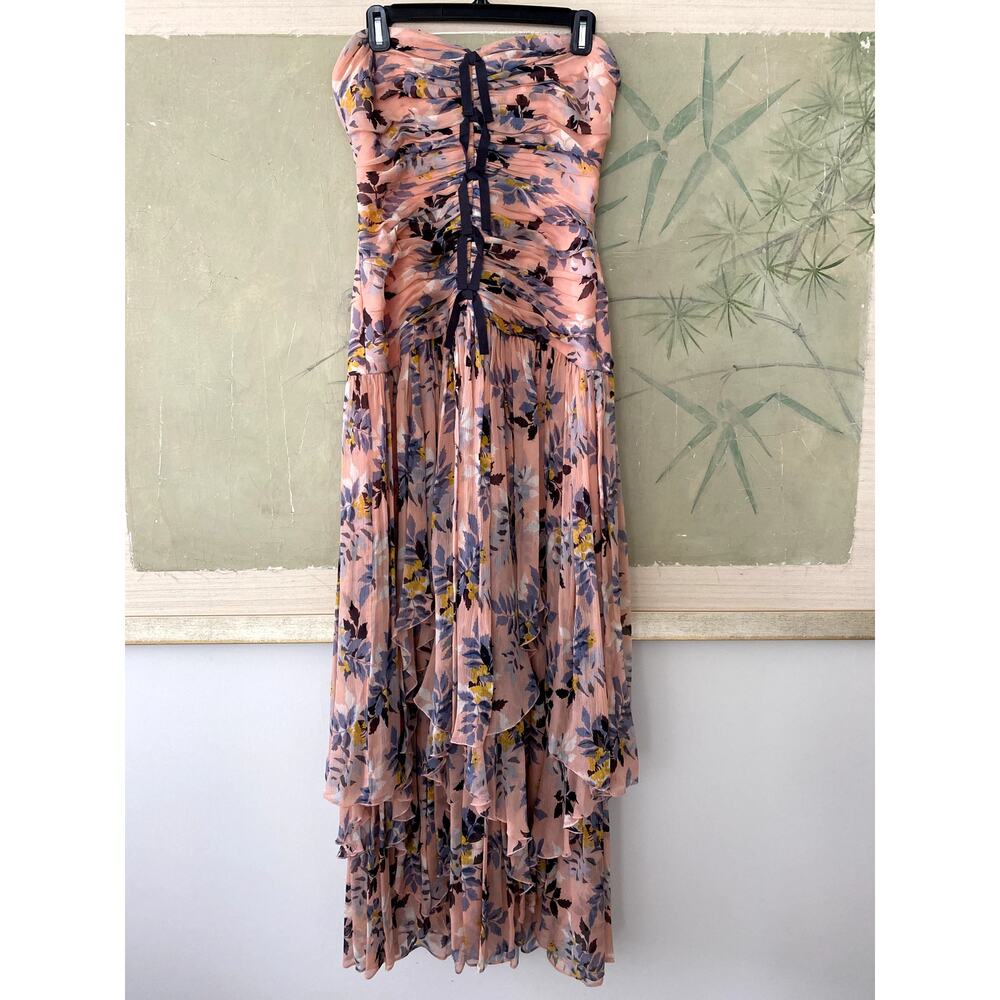 cinq a sept Pink Floral Strapless Maxi Dress with Navy Trim